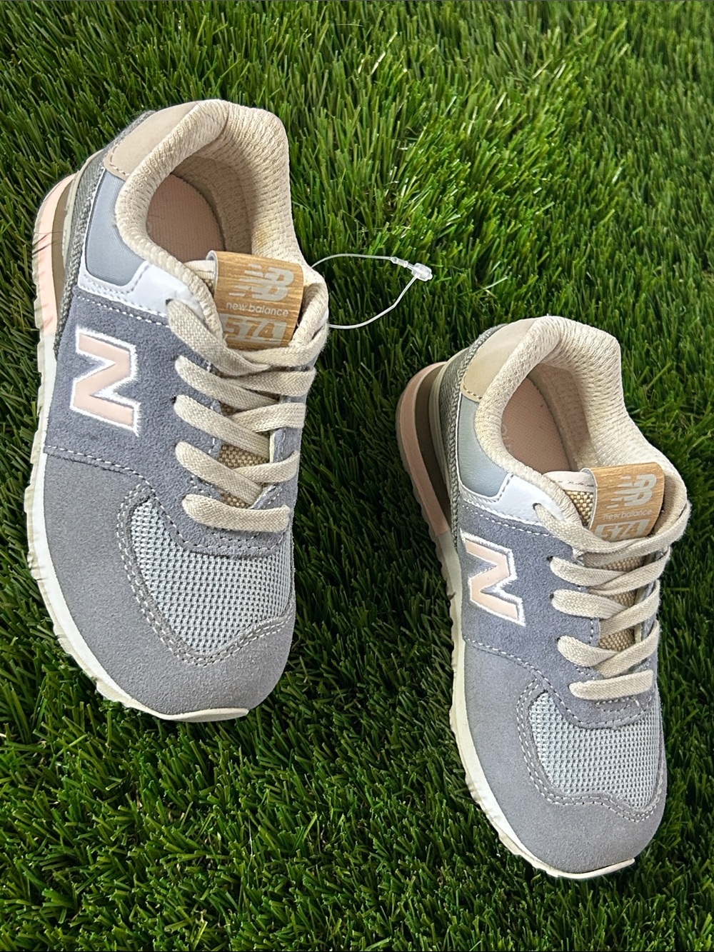 1st Pair of New Balance Kids Grey and Beige 574 Sneakers